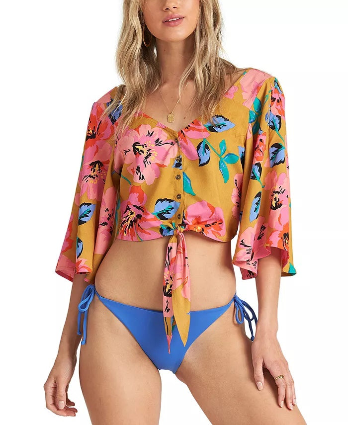 Top curto Billabong Sun Creek com bainha amarrada, amarelo/rosa, tamanho grande, feminino