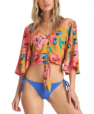 Top curto Billabong Sun Creek com bainha amarrada, amarelo/rosa, tamanho grande, feminino
