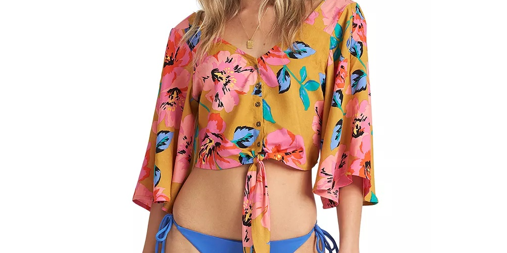 Top curto Billabong Sun Creek com bainha amarrada, amarelo/rosa, tamanho grande, feminino