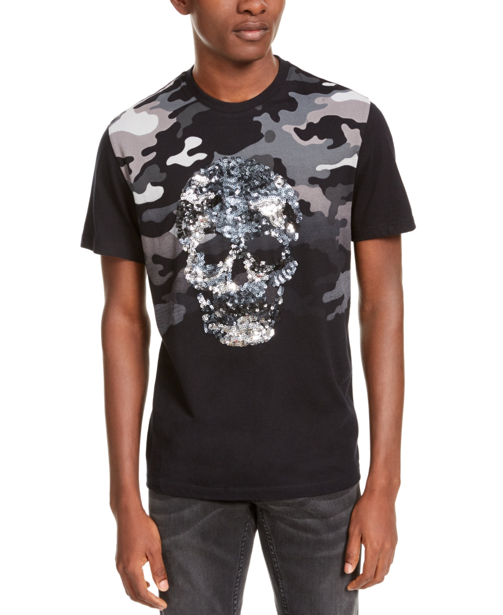 Camiseta masculina camuflada com lantejoulas e caveira da INC International Concepts, preta, tamanho grande