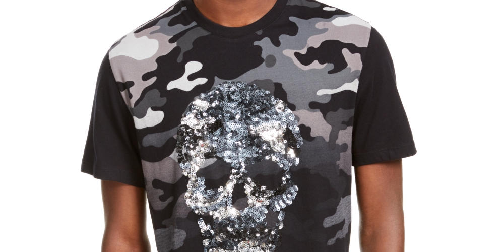 Camiseta masculina camuflada com lantejoulas e caveira da INC International Concepts, preta, tamanho grande