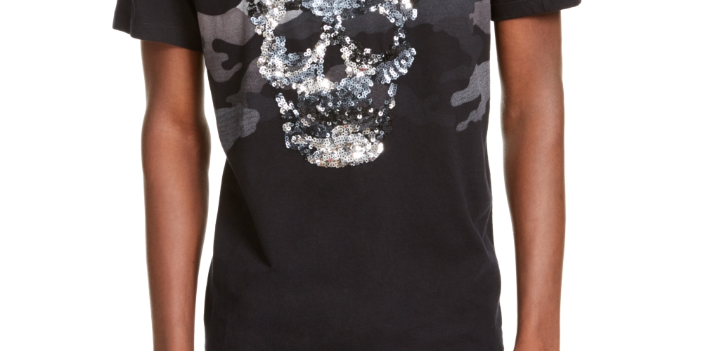Camiseta masculina camuflada com lantejoulas e caveira da INC International Concepts, preta, tamanho grande