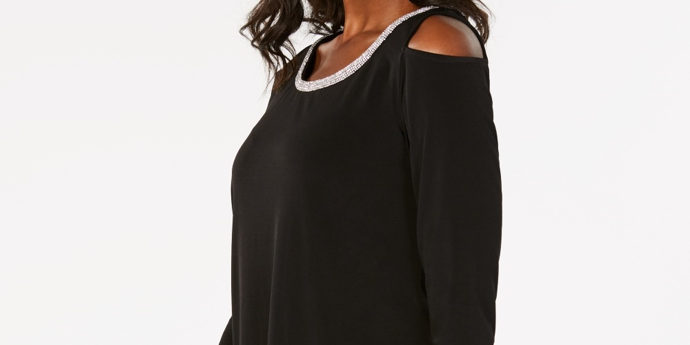 JM Collection Top Feminino com Ombros De fora e Enfeites Preto Tamanho PS
