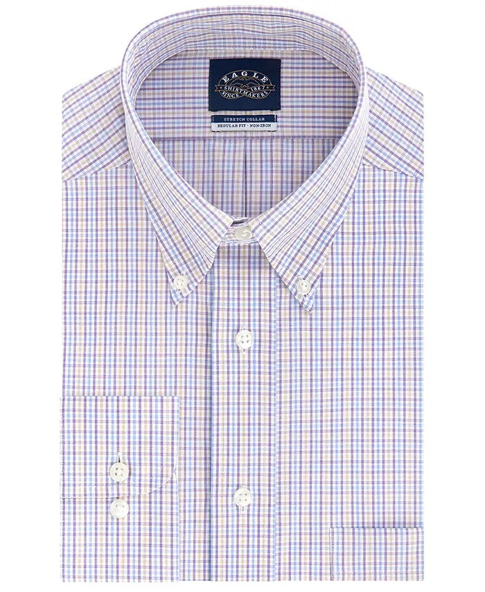 Camisa xadrez de algodão masculina Eagle com botões, torção violeta, tamanho 15x32-33