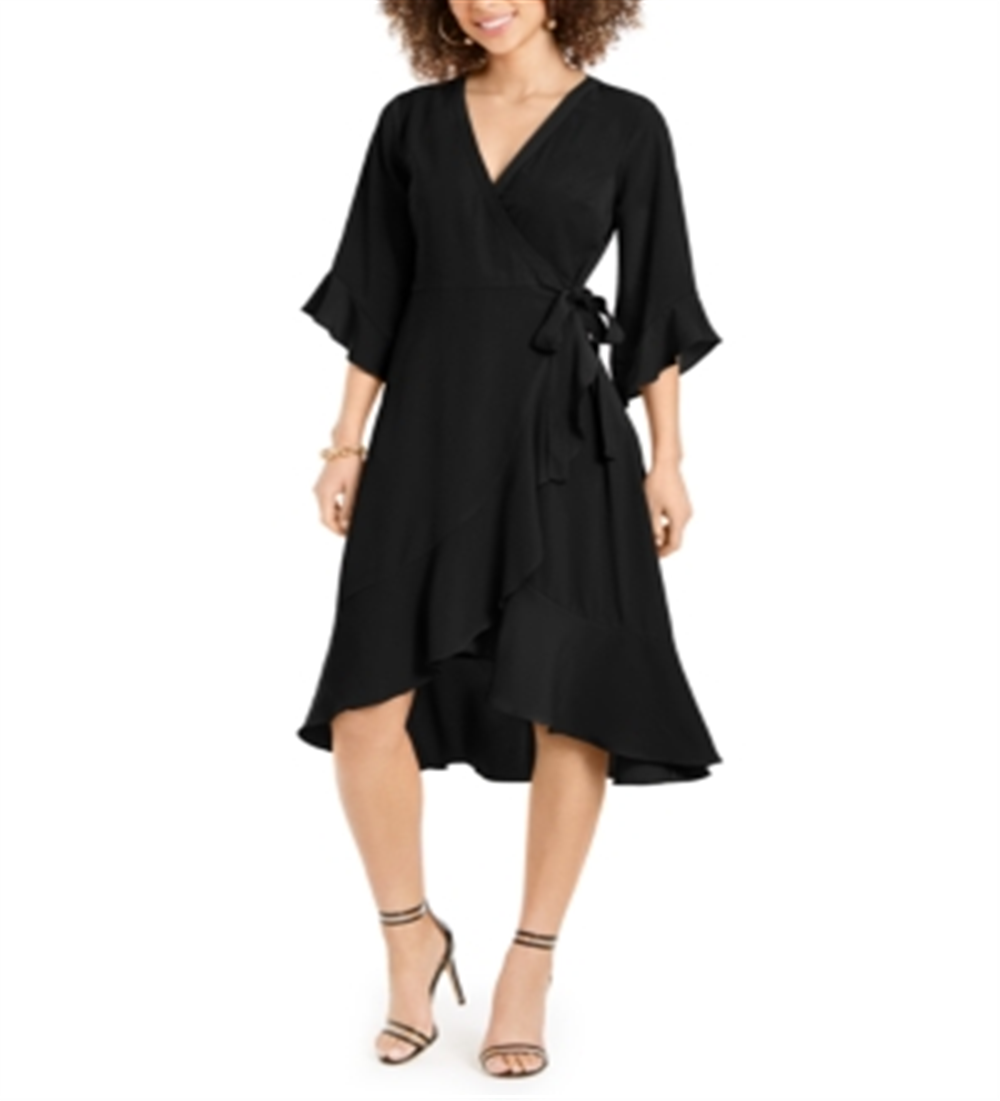 Vestido envelope com babados Thalia Sodi feminino, preto, tamanho grande