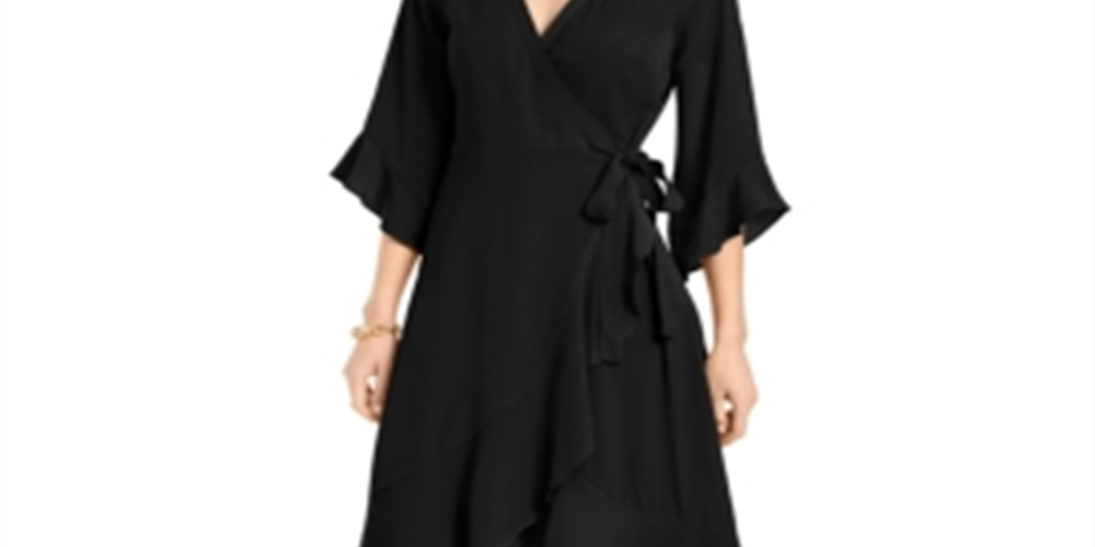 Vestido envelope com babados Thalia Sodi feminino, preto, tamanho grande