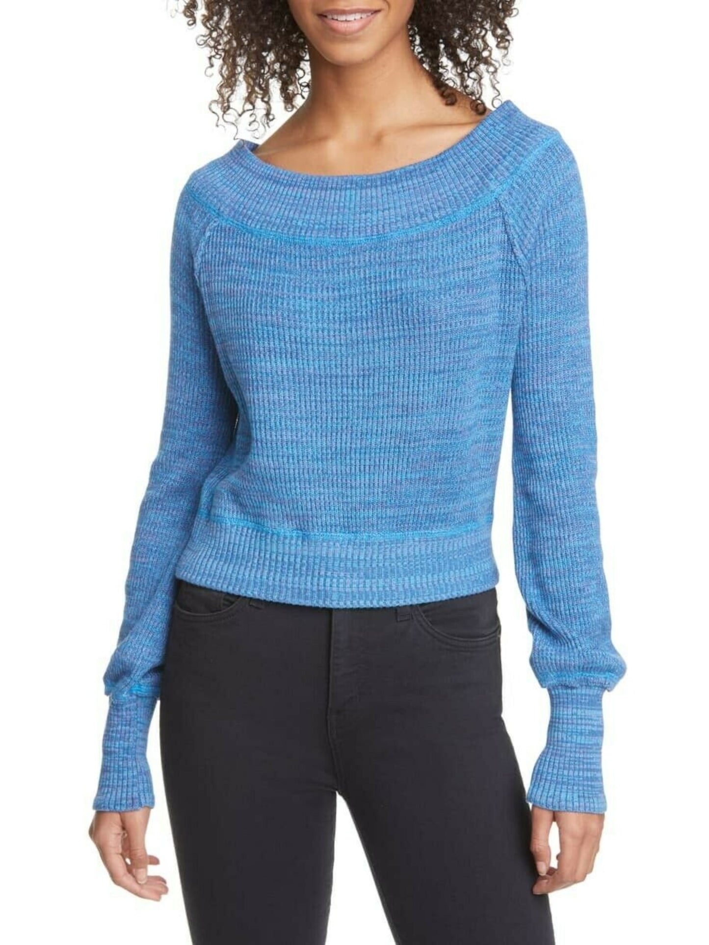 Suéter feminino com estampa de manga comprida e gola redonda, tamanho pequeno, azul, da Free People