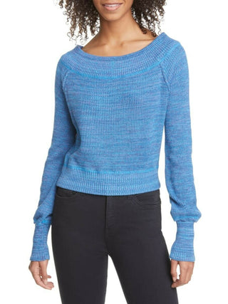 Suéter feminino com estampa de manga comprida e gola redonda, tamanho pequeno, azul, da Free People
