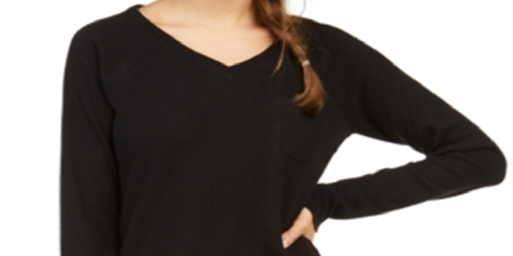 Pijama feminino Jenni com nervuras e manga comprida, preto, tamanho pequeno