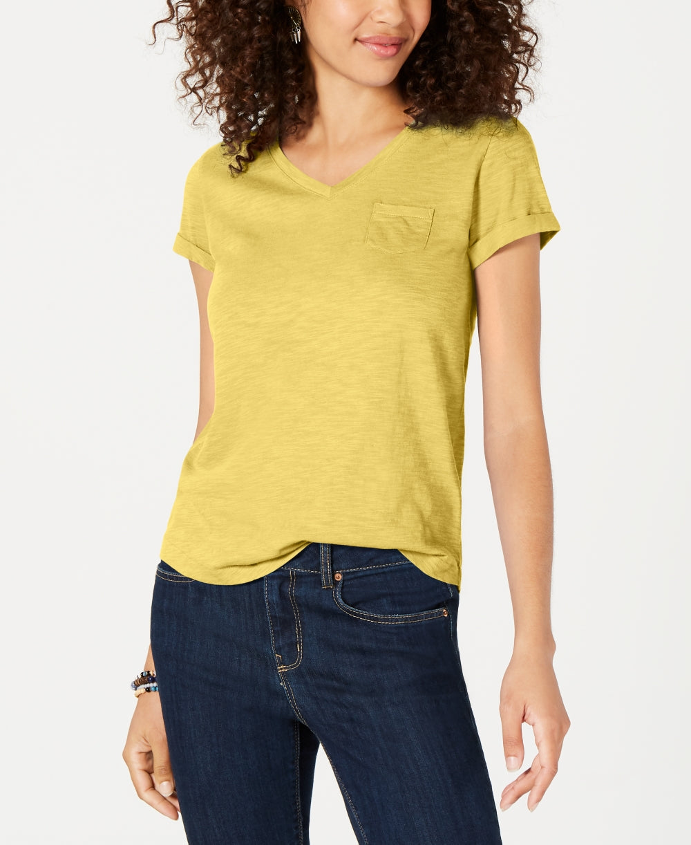 Camiseta feminina pequena com decote em V e bolso, tamanho PP, amarelo-escuro