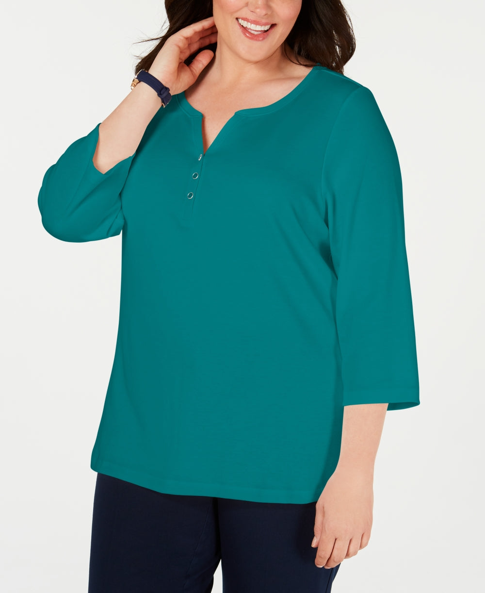 Karen Scott Blusa Feminina Plus Cotton com Gola Dividida Verde Tamanho 0X