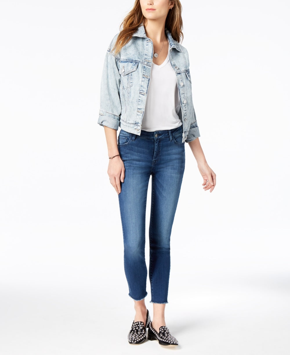 Calça jeans skinny cropped Kristen feminina, cintura média, com bainha cortada, azul, tamanho 30