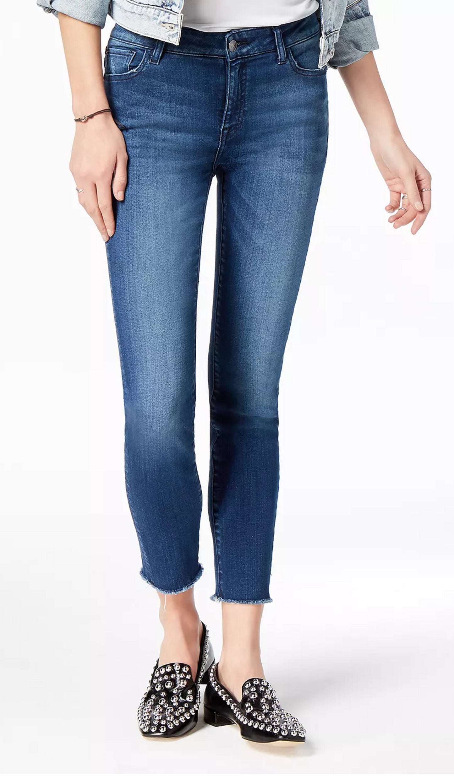 Calça jeans skinny cropped Kristen feminina, cintura média, com bainha cortada, azul, tamanho 30