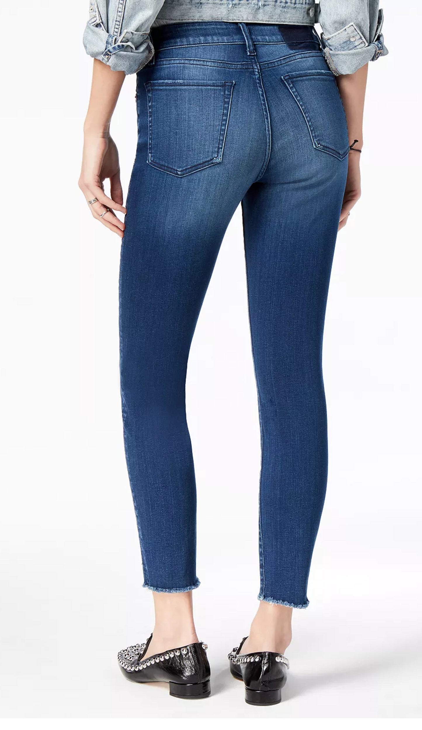 Calça jeans skinny cropped Kristen feminina, cintura média, com bainha cortada, azul, tamanho 30