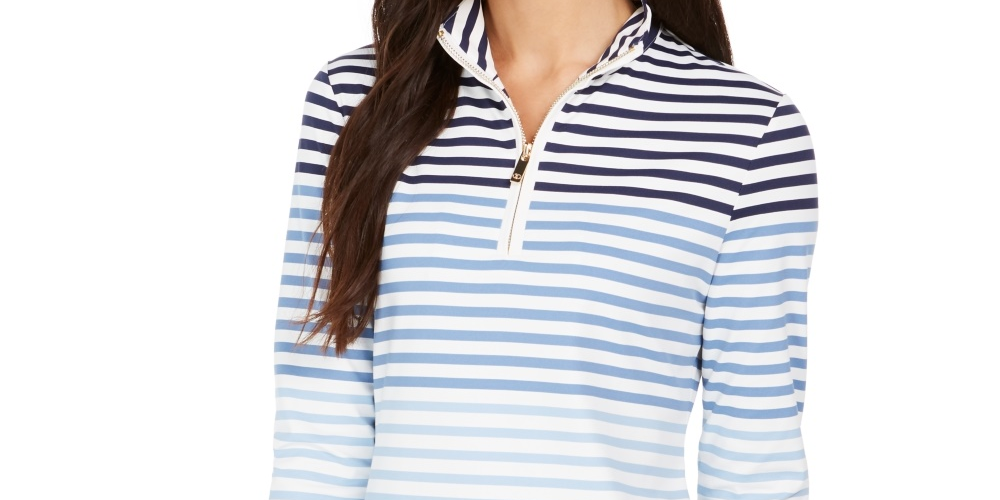 Charter Club Blusa listrada feminina com zíper e meio, branca, tamanho extragrande