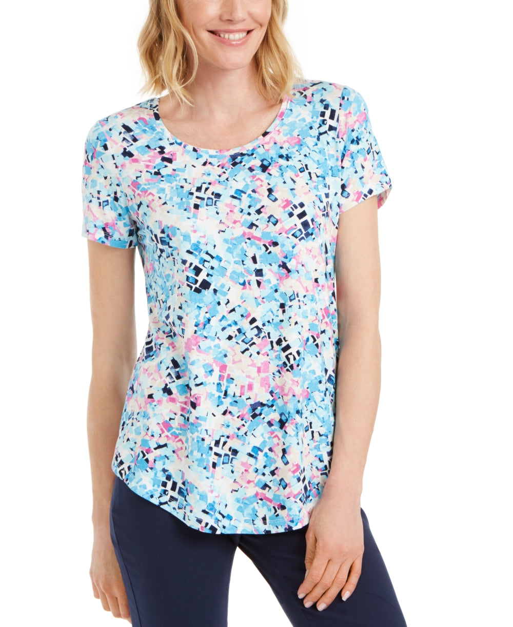 Camiseta feminina estampada com decote redondo da coleção JM, azul, tamanho extragrande