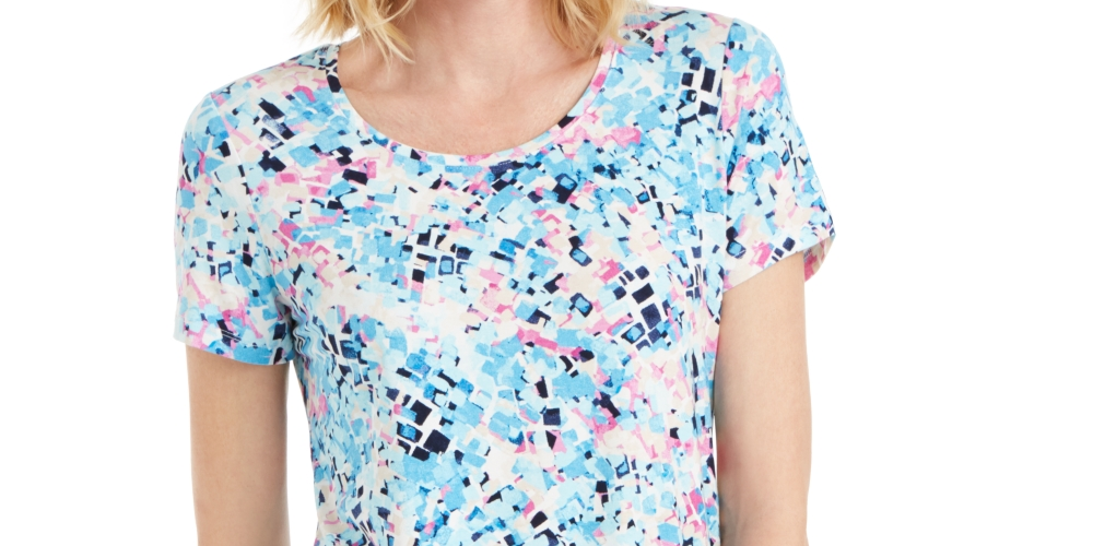 Camiseta feminina estampada com decote redondo da coleção JM, azul, tamanho extragrande