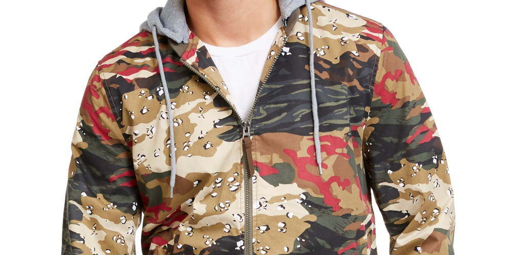 American Rag Moletom com capuz masculino Juxtaposed Camo Bomber bege tamanho X-Large