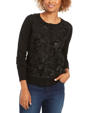 Suéter feminino Charter Club com botões e lantejoulas, preto, tamanho pequeno