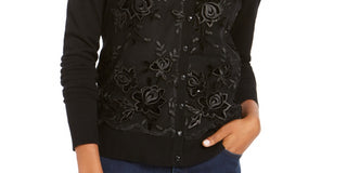 Suéter feminino Charter Club com botões e lantejoulas, preto, tamanho pequeno