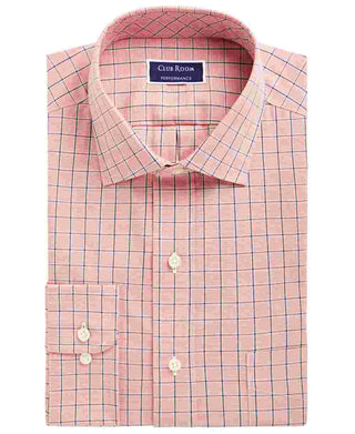 Club Room Men's Dress Shirt Performance Windowpane Orange Size 17 1/2