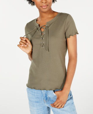 Hippie Rose Junior's Lace Up Rib Knit Top Green Size Medium