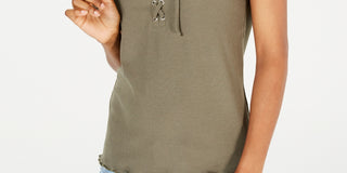 Hippie Rose Junior's Lace Up Rib Knit Top Green Size Medium