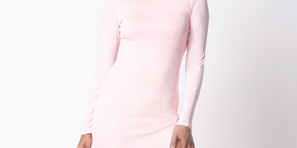 Vestido curto feminino Lux La com manga comprida e decote falso e fenda curta, rosa, tamanho XS
