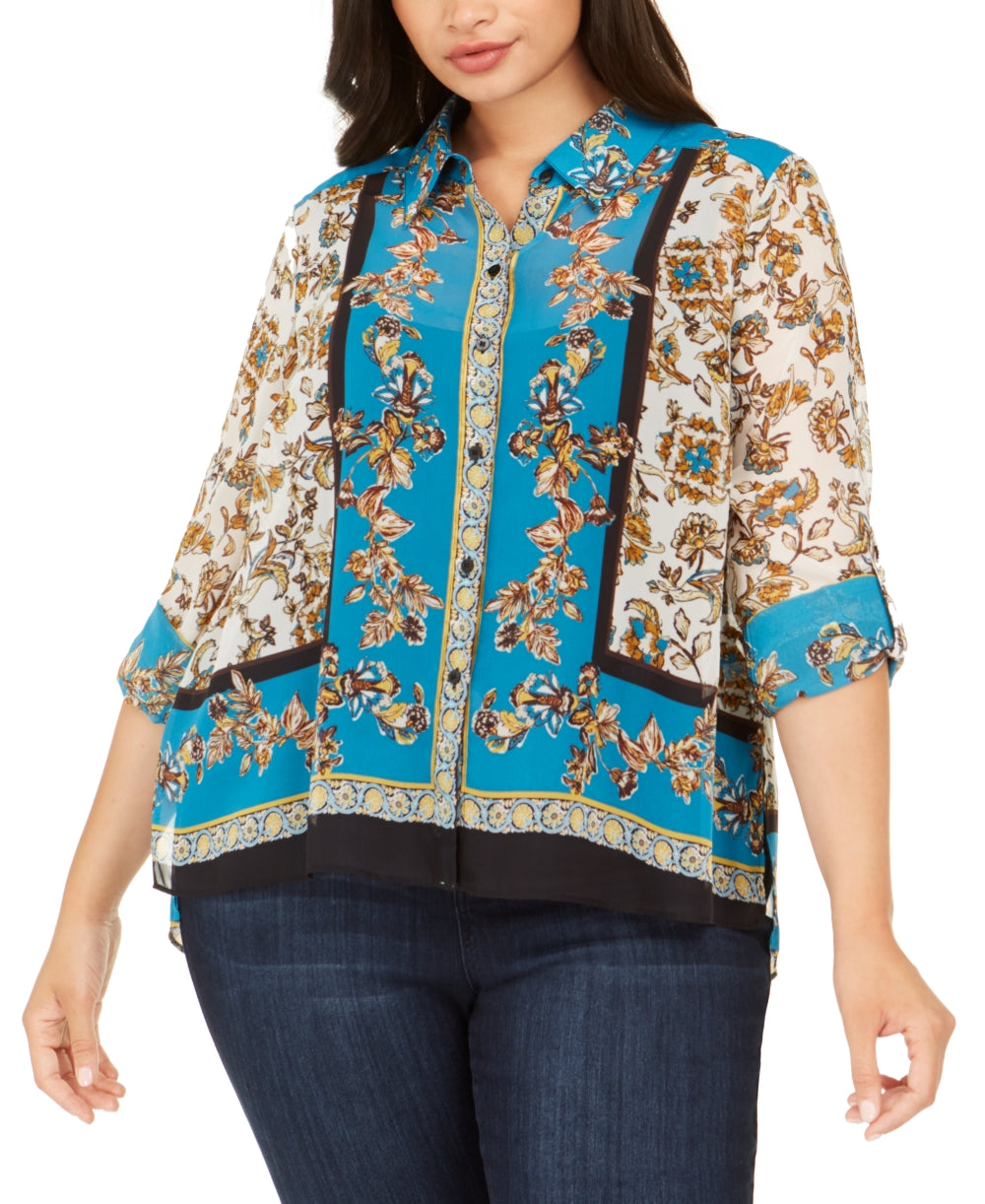 Blusa feminina com estampa de cachecol plus size azul INC International Concepts, tamanho 0X
