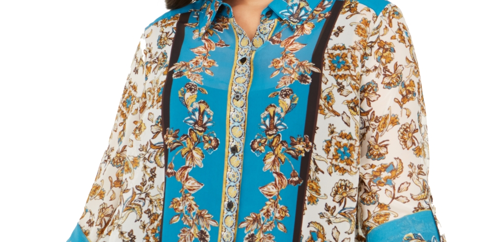 Blusa feminina com estampa de cachecol plus size azul INC International Concepts, tamanho 0X