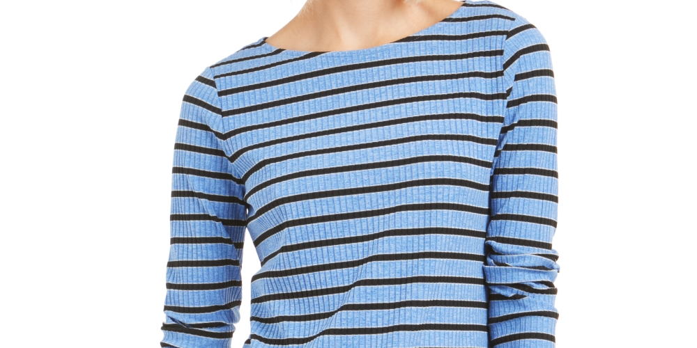 Charter Club Blusa de malha listrada feminina com decote redondo e manga comprida, azul, tamanho XX-G