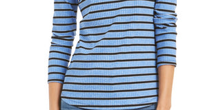 Charter Club Blusa de malha listrada feminina com decote redondo e manga comprida, azul, tamanho XX-G