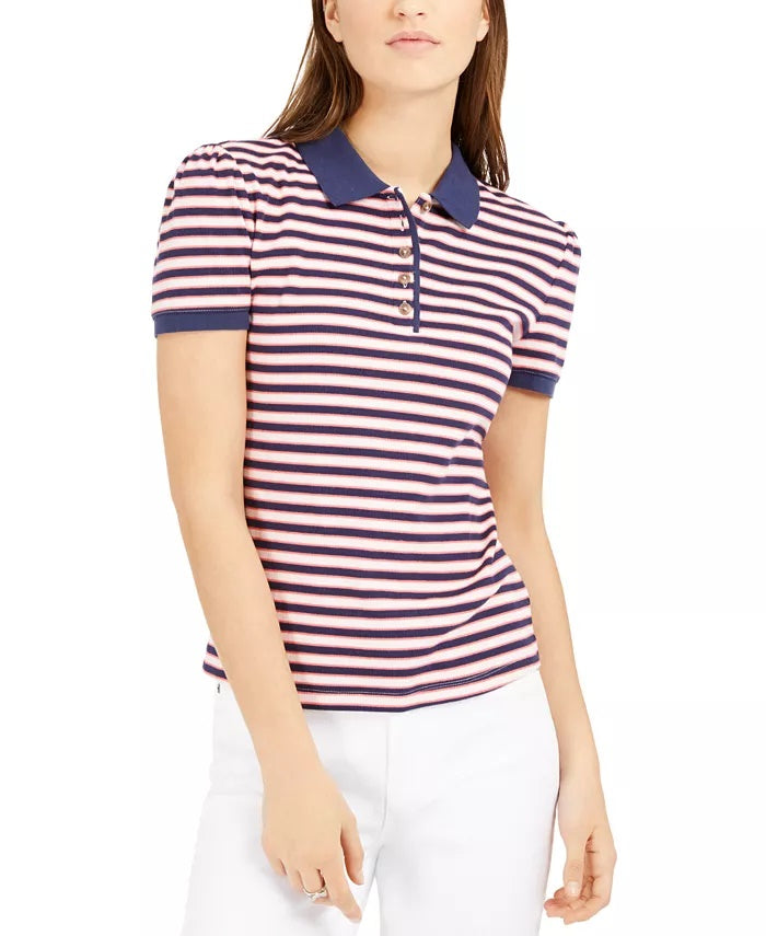 Camisa polo listrada feminina Maison Jules, branca, tamanho extragrande