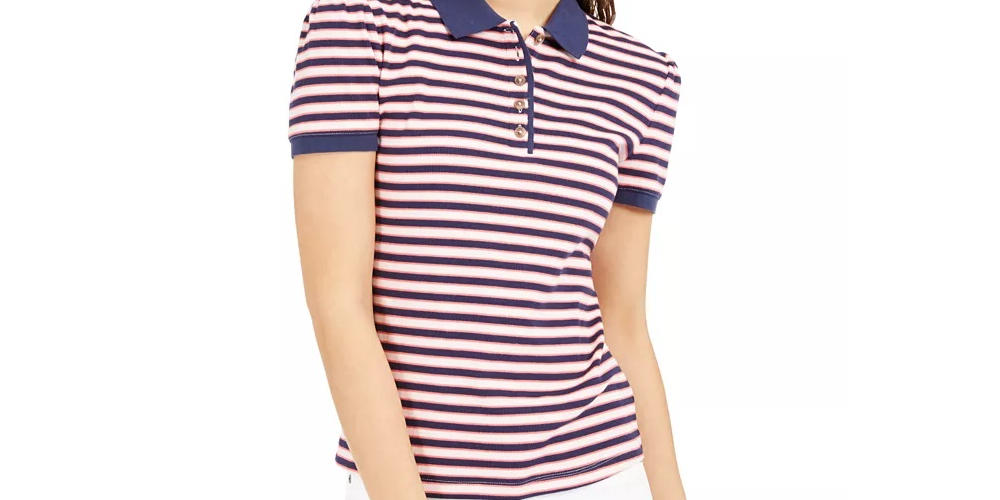 Camisa polo listrada feminina Maison Jules, branca, tamanho extragrande