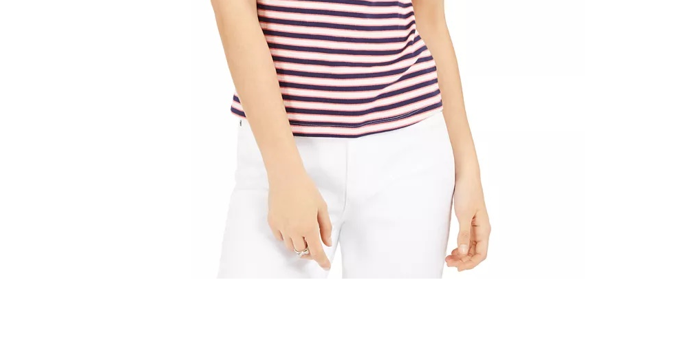 Camisa polo listrada feminina Maison Jules, branca, tamanho extragrande
