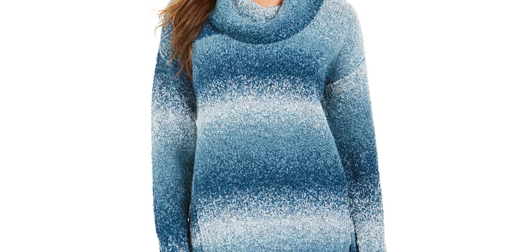Camiseta feminina estilo &amp; co com estampa de blocos de cores, manga comprida, gola alta, azul, tamanho PXL