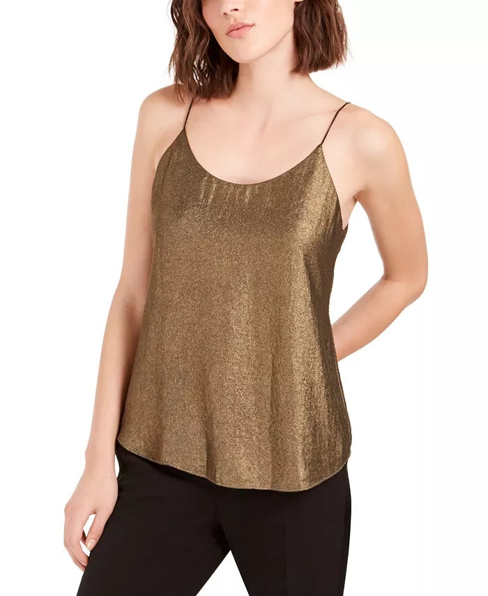 Top feminino Bar III de chiffon com acabamento metálico dourado, tamanho extragrande