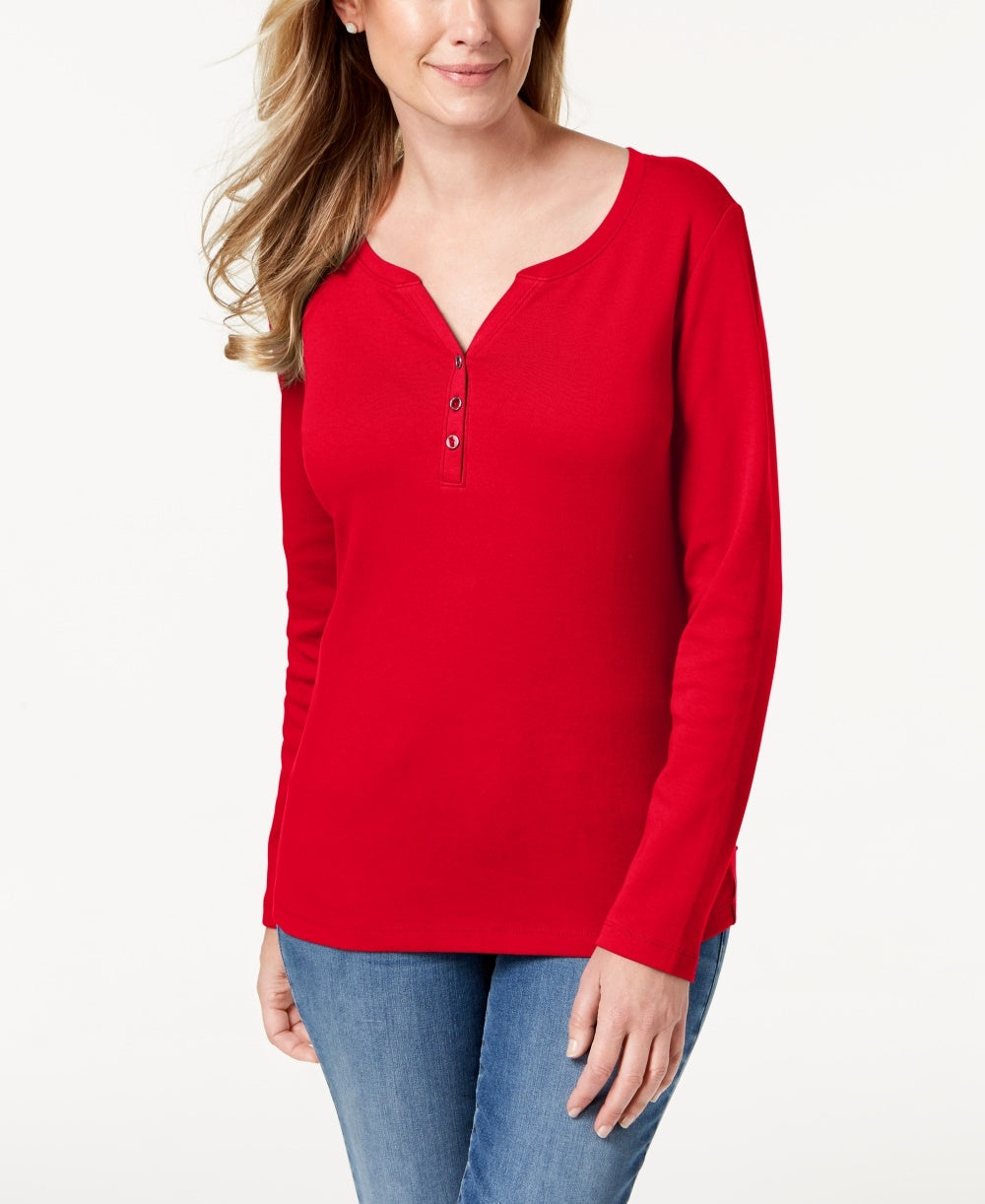 Karen Scott Blusa Feminina Petite Cotton com Gola Henley Vermelha Tamanho Petite S