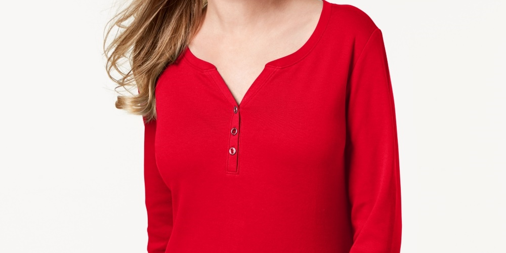 Karen Scott Blusa Feminina Petite Cotton com Gola Henley Vermelha Tamanho Petite S