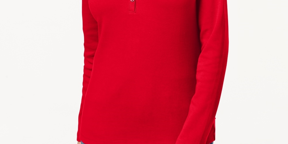 Karen Scott Blusa Feminina Petite Cotton com Gola Henley Vermelha Tamanho Petite S