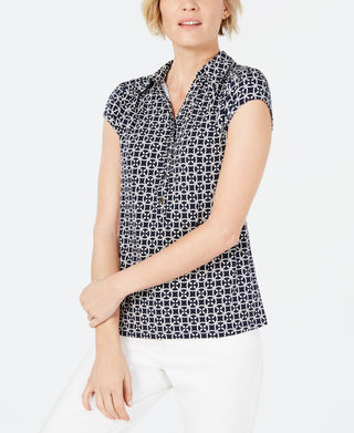 Camisa polo feminina estampada de manga curta Charter Club, azul, tamanho pequeno