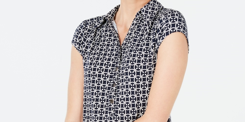 Camisa polo feminina estampada de manga curta Charter Club, azul, tamanho pequeno