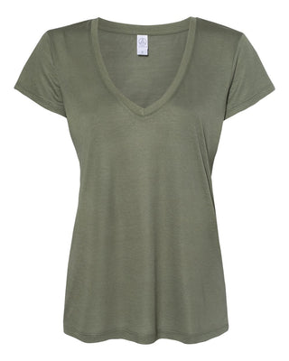 Camisa feminina Alternative Melange Burnout Slinky com decote em V, verde, tamanho pequeno