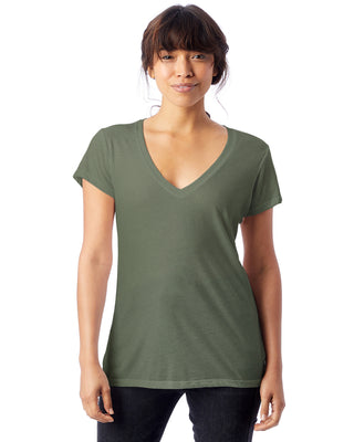 Camisa feminina Alternative Melange Burnout Slinky com decote em V, verde, tamanho pequeno