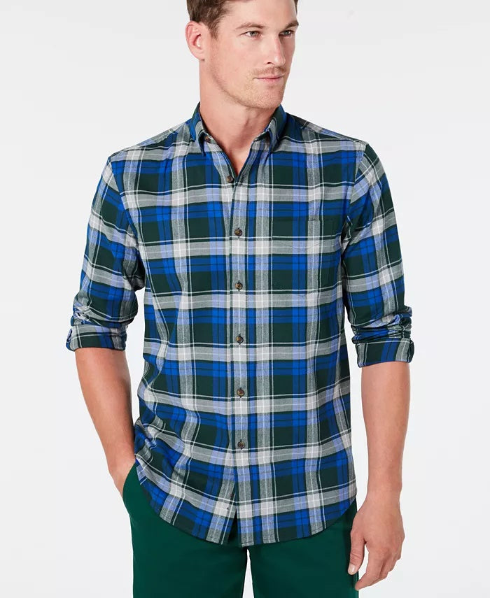 Camisa de flanela xadrez de algodão escovado e elástico masculina Club Room, azul/vermelha, tamanho pequeno