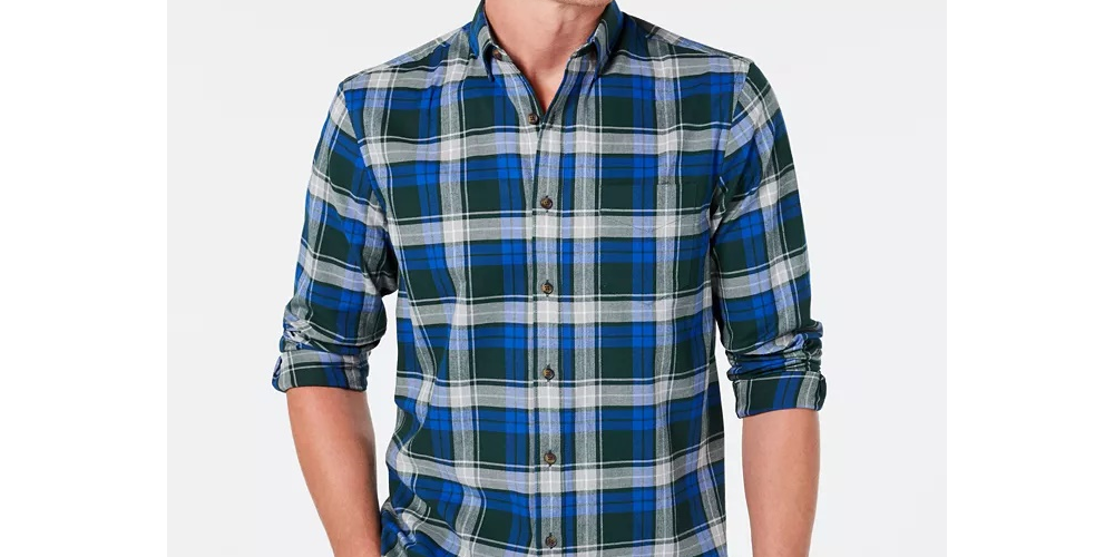 Camisa de flanela xadrez de algodão escovado e elástico masculina Club Room, azul/vermelha, tamanho pequeno