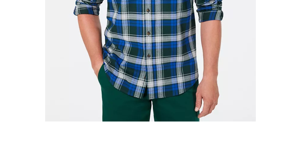 Camisa de flanela xadrez de algodão escovado e elástico masculina Club Room, azul/vermelha, tamanho pequeno