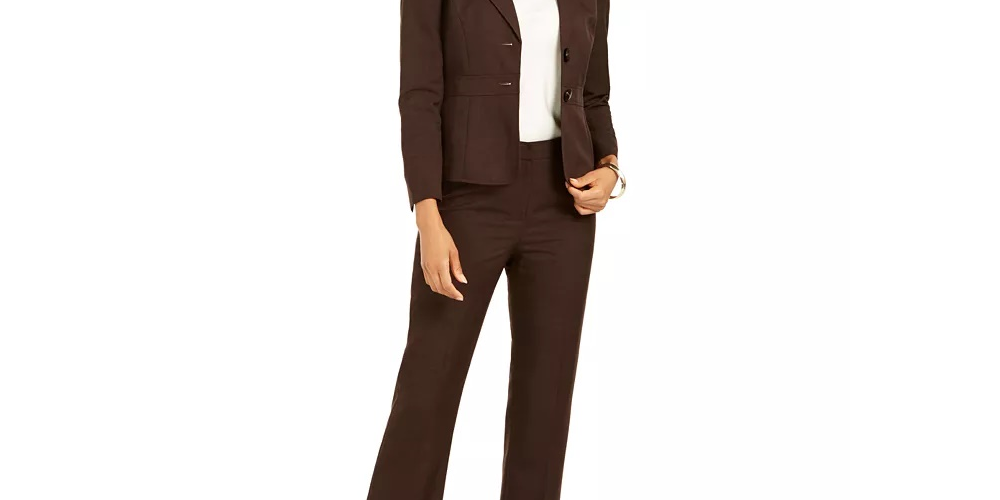 Le Suit Terno Feminino com Calça de Dois Botões Marrom Tamanho 4 Petite