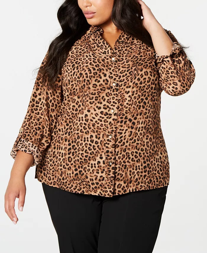 Camisa feminina plus size Charter Club com estampa animal, bege, tamanho 0X