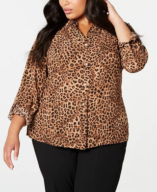 Camisa feminina plus size Charter Club com estampa animal, bege, tamanho 0X
